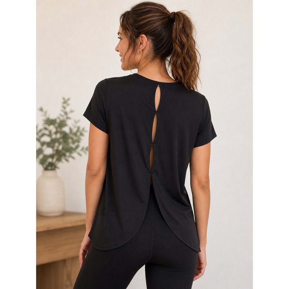 Adrienne Vittadini Sport Black Open Back Tulip Hem Activewear Top Large